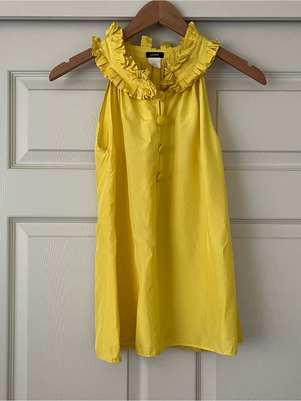 J. Crew 100% Silk Popover Blouse Size S Ruffle Neck Sleeveless Yellow Coquette